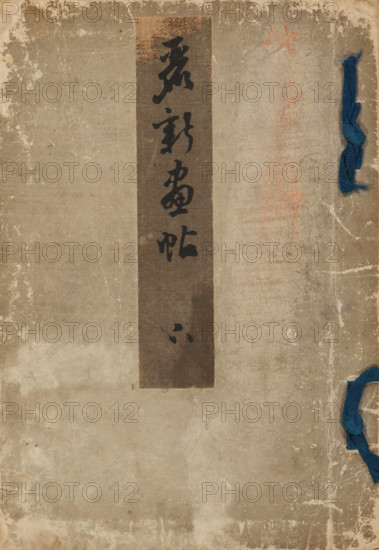 Reishin gajo - jo, New Picture Album - Part One, Book, Part one (of two), white cover with mica (silver-colored), gray title strip at the top center, 15 leaves: first two pages, title page (detached), one leaf, table of contents, fold-out fontispies with five circular illustrations of flowers and trees, other pages, pattern designs., printmaker: Matsui Yûkoku, Japan, printer (person): Honda Ichijiro, Kyoto, 1900, printer (person), Kinki, mineral, inorganic material, paper, mica, color woodcut, black line block with color blocks, height 253 mm x width 178 mm, A vertical strip of darker textured material runs down the center of a worn, beige surface, with several bold dark brushstrokes on the strip; the surrounding surface shows scratches, scuffs, and areas of discoloration, including faint reddish marks to the right of the strip and peeling at the top edge; two twisted blue fabric ties are visible along the right edge, one near the upper right and one lower down, both showing frayed end...