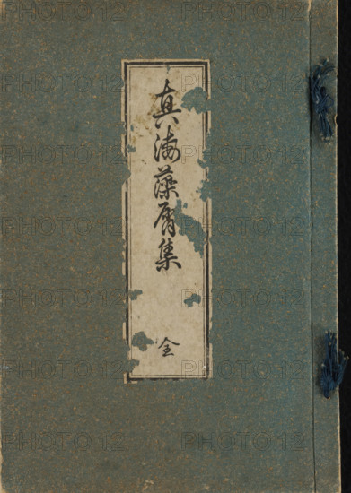 Complete collection of writings by Shinkai, Shinkai Mokuzu shu, book, One volume (complete), green cover with white title strip on which the title is in black, tack sheet, two pages of introduction, four prefaces, photographic reproduction of Shinkai at the age of 90, unnumbered text on the correct way of life according to the priest Myogoin Shinkai, 19 woodcuts, of which 7 by Nakahara Nantembo and 1 by Sekka, colophon., writer (clerical worker): Myogoin Shinkai, Japan, editor (person who revises): Shokichi, Hyodo, printmaker: Nakahara Nantembo, printmaker: Kamisaka Sekka, printmaker: Shima Seien, 1917, writer (clerical worker), editor (person who revises), paper, height 233 mm x width 158 mm, A textured blue-green paper cover with a narrow vertical beige panel down the center showing dark brushstrokes and areas of peeling where the top layer has flaked away, a darker narrow border framing the panel, and a blue twisted cord tied and knotted along the right edge against a darker strip.