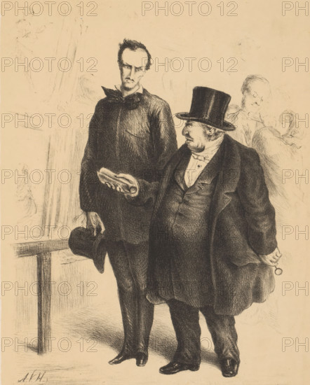 Discussion about portraiture, cartoon, A man tells an artist, in a painting exhibition, how he would like to be portrayed. Namely, less with feeling and thought and more with color., printmaker: Alexander Ver Huell (signed by artist), Netherlands, publisher: Dirk Anthonie Thieme, printer (person): Gerrit Jan Thieme, 1842 - 1879, printer (person), paper, tonal lithography, tonal lithography in black on yellow-brown, height 285 mm x width 210 mm, art collection, art gallery, negative criticism, A monochrome drawing shows two men standing close together in front of a faint background of sketched figures and architectural elements; the taller man on the left is gaunt with a long face and dark hair, wearing a dark coat with a high collar and holding a hat at his side while his other hand extends a folded object; the shorter man on the right is stout with a round face and sideburns, dressed in a dark suit with a waistcoat and a high top hat, his posture slightly turned toward the taller man ...