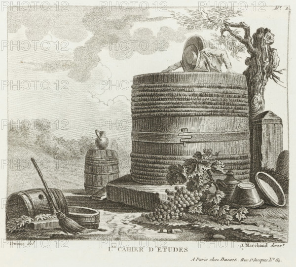 Title page for a series of drawing examples, Drawing examples, first notebook, I.er cahier d'etudes, print, album page, title page, Series number, 1, Wine press, bunches of grapes and other agricultural tools. This print is part of an album., after drawing by Dubois, supervision: Jacques Marchand, France, publisher: Basset, Paris, c. 1800 - c. 1825, Jacques Marchand, Dubois, Basset, printmaker, after drawing by, supervision, publisher, paper, etching, engraving, stippling, crayon manner, height 165 mm x width 195 mm, bunch of grapes, viticulture, wine-growing, vintage, wooden container: barrel, cask, bucket, wine-press, A detailed black and white engraving shows a large round wooden vat with horizontal bands and a hinged metal latch, a person leaning over the top rim with a wide-brimmed hat and an outstretched arm, a smaller barrel standing nearby topped by a pitcher, a cluster of grapes with leaves spilling over a stone ledge, scattered ceramic vessels including a tilted bowl and a ju...