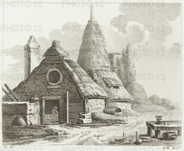 Lime kiln and barn, Drawing examples, first writing, I.er cahier d'etudes, print, album page, Series number, 2, This print is part of an album., after drawing by Dubois, supervision: Jacques Marchand, publisher: Basset, Paris, c. 1800 - c. 1825, Jacques Marchand, Dubois, Basset, printmaker, after drawing by, supervision, publisher, paper, etching, engraving, stippelwerk, crayon manner, height 165 mm x width 195 mm, barn, charcoal furnace, A detailed pen-and-ink scene of rustic thatched buildings with rounded and conical roofs, showing textured straw covering, a circular window set into a sloped wall, and a small open doorway with a figure partially visible inside; a tall tapered thatched stack rises behind the roofs beside a chimney-like stone structure, and nearby trees and distant hills fade into a sky filled with stippled clouds; in the foreground are scattered barrels, a pitcher placed on a low stone ledge, bundles of straw, a ladder leaning against a wall, and various small tools ...