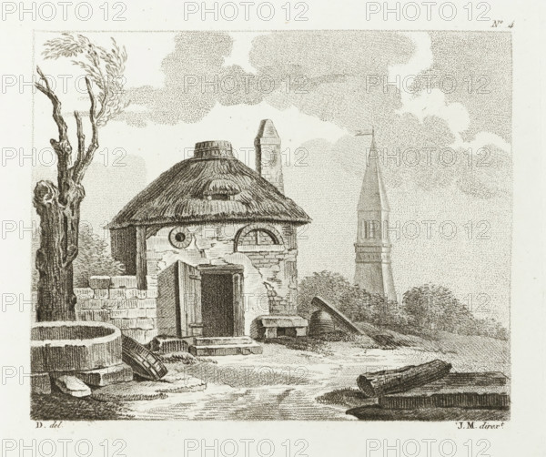Barn with open door and a tower, Drawing examples, first script, I.er cahier d'etudes, print, album page, Series number, 4, This print is part of an album., after drawing by Dubois, supervision: Jacques Marchand, France, publisher: Basset, Paris, c. 1800 - c. 1825, Jacques Marchand, Dubois, Basset, printmaker, after drawing by, supervision, publisher, paper, etching, engraving, stippelwerk, crayon manner, height 165 mm x width 195 mm, barn, A monochrome drawing of a small round building with a thatched roof showing wear and a damaged wall, an open doorway with a wooden door, a circular window and an arched window above the entrance, a cracked chimney rising behind the roof, a tall slender spire visible in the distance, a large tree stump with a few gnarled branches on the left, stone blocks and a circular stone structure in the foreground, scattered wooden beams and a log lying on the ground, low bushes and vegetation around the building, and a sky filled with stippled cloud formations...