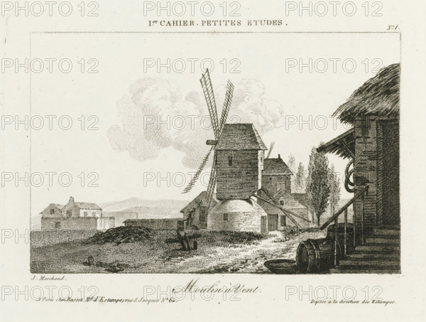 Windmill, Windmills in a landscape, Small drawing examples, first notebook, Irish cahier petites etudes, print, album page, Series number, 1, 4, This print is part of an album., printmaker: Jacques Marchand, publisher: Basset, Paris, c. 1800 - c. 1825, paper, etching, engraving, stippling, crayon manner, height 138 mm x width 192 mm, A detailed black and white illustration showing a rural scene with a large wooden windmill at the center, its sails angled upward and crosshatched with fine lines, standing behind a cluster of stone and timber buildings with pitched roofs; to the right a thatched structure with visible stair treads and coiled rope hangs on the wall, and a barrel and shallow basin sit near the base of the stairs; in the foreground a dirt path winds past grassy areas and low hedges toward the mill, where small trees with textured foliage rise beside the buildings; distant low-lying structures and a faint horizon appear on the left under a sky filled with soft, stippled cloud...