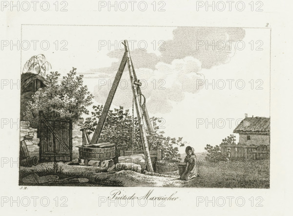 Maraicher's Well, Kneeling Woman by a Well, Irish Cahier Petites Etudes, Small Drawing Examples, First Notebook, Print, Album Page, Series number, 2, 4, This print is part of an album., Printmaker: Jacques Marchand, Publisher: Basset, Paris, c. 1800 - c. 1825, Jacques Marchand, Basset, Printmaker, Publisher, Paper, Etching, Engraving, Stippling, Crayon Manner, Height 138 mm x Width 192 mm, Well, A monochrome ink scene shows a rural yard with a wooden well structure made of long poles arranged in a tripod and a pulley, wooden barrels and tubs nearby, stacked stones and sacks on the ground, a gated wooden fence and a thatched roof building at the edge, leafy trees and bushes behind the well, a seated figure wearing a long cloak and head covering next to a tub, a sky filled with stippled cloud forms, and a rectangular decorative border framing the scene.