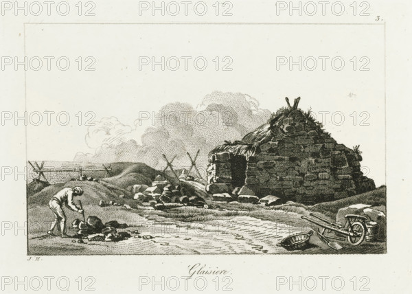 Glaisiere, Landscape with a clay pit, Small drawing examples, first notebook, Irish cahier petites etudes, print, album page, Series number, 3, 4, This print is part of an album., printmaker: Jacques Marchand, publisher: Basset, Paris, c. 1800 - c. 1825, paper, etching, engraving, stippling, crayon manner, height 138 mm x width 192 mm, barn, industries, clay, sand, chalk, A monochrome engraving shows a rural scene with a small stone hut topped with thatch and vegetation on a low rise to the right, its rough stonework and dark doorway visible; scattered stones and a rocky path lead away from the hut toward the foreground. To the left, a man bent over works with a tool near a pile of stones or clumps on the ground. In the middleground there are simple wooden structures formed from crossed poles and a low horizontal beam. A wheelbarrow lies tipped on its side near the lower right, and a shallow basket and scattered tools rest nearby. The sky is filled with stippled cloud forms and the who...