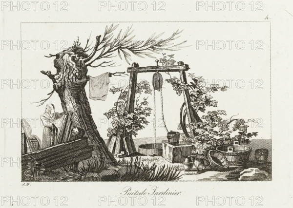 Well with bucket on rope, Puits de jardinier, Ier. cahier petites etudes, Small drawing examples, first notebook, print, album page, Series number, 4, This print is part of an album., printmaker: Jacques Marchand, publisher: Basset, Paris, c. 1800 - c. 1825, paper, etching, engraving, stippelwerk, crayon manner, height 138 mm x width 192 mm, well, container of metal: bucket, can, canister, drum, tin, A detailed black and white engraving shows a gnarled tree trunk with branches and a cloth draped over a limb, a woman standing partially behind the trunk wearing a hooded garment, a wooden well structure with a pulley and bucket suspended by a rope, leafy vines and plants climbing the well supports, wooden barrels and buckets arranged near the well, a small boat hull leaning against the tree, various pots and containers on the ground, grass and stones in the foreground, and a dotted rectangular border framing the scene.