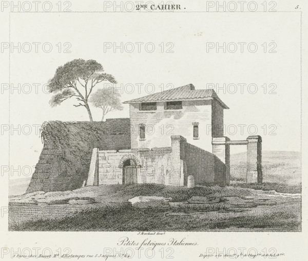 Title page for a series of drawing examples, Small Italian factories, second manuscript, Petites fabriques italiennes, print, album page, title page, Series number, 5, Detached building with walled courtyard. This print is part of an album., supervision: Jacques Marchand, publisher: Basset, Paris, c. 1800 - c. 1825, printmaker, paper, etching, engraving, stippling, crayon manner, height 172 mm x width 208 mm, factory in landscape, rural housing, eg country-house, villa, cottage, Italy, A detailed ink drawing of a small stone building with a tiled roof set against a grassy, rocky foreground and a low cliff on the left, the structure showing a doorway with an arched lintel, small rectangular windows, and a shaded courtyard wall with an attached columned gateway, a tall tree with textured foliage rising behind the cliff, and fine stippled shading throughout the scene.