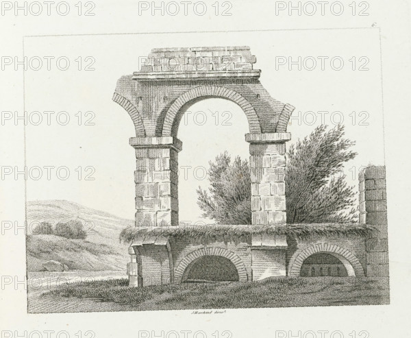 Landscape with ruins of an arch structure, Petites fabriques italiennes, Small Italian factories, second manuscript, print, album page, Series number, 6, This print is part of an album., supervision: Jacques Marchand, publisher: Basset, Paris, c. 1800 - c. 1825, printmaker, paper, etching, engraving, stippling, crayon manner, height 172 mm x width 208 mm, landscape with ruins, Italy, A detailed ink drawing shows a stone archway ruin with two tall vertical pillars supporting a semicircular arch and remnants of masonry above, textured with stippling and fine lines; below the arch are rounded openings framed by brickwork and a grassy ledge, and there are bushes or small trees growing behind and through parts of the structure; to the left a gently rolling landscape with distant hills appears, and the foreground is grassy with a subtle horizon and scattered stones.