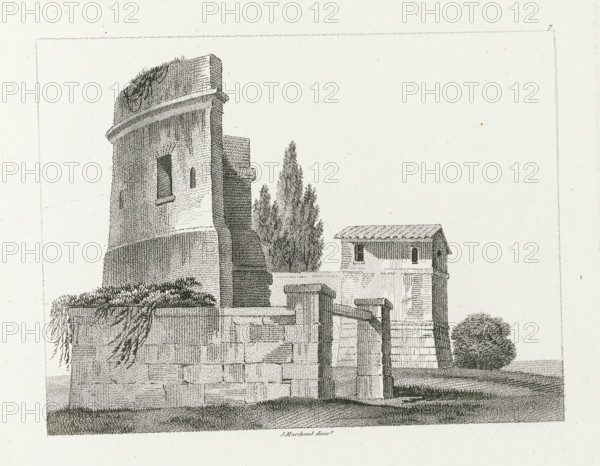 Ruins of a round building, Small Italian factories, second manuscript, Petites fabriques italiennes, print, album page, Series number, 7, This print is part of an album., supervision: Jacques Marchand, publisher: Basset, Paris, c. 1800 - c. 1825, printmaker, paper, etching, engraving, stippling, crayon manner, height 172 mm x width 208 mm, landscape with ruins, ruin of a dwelling, house, castle, Italy, A monochrome ink drawing of a stone structure with a tall, curved tower showing a small rectangular window and rough textured masonry, a lower adjoining building with a tiled roof and small windows, a stone wall and gate in the foreground with a draped cloth and trailing vegetation over the wall, a group of tall, narrow trees behind the buildings and a rounded shrub to the side, all rendered with fine stippling and crosshatching on a pale background.