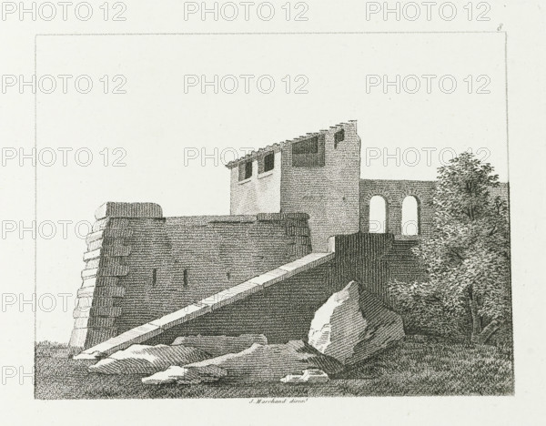 Part of building with high wall, Petites fabriques italiennes, Small Italian factories, second manuscript, print, album page, Series number, 8, This print is part of an album., supervision: Jacques Marchand, publisher: Basset, Paris, c. 1800 - c. 1825, printmaker, paper, etching, engraving, stippling, crayon manner, height 172 mm x width 208 mm, farm or solitary house in landscape, rural housing, eg country-house, villa, cottage, Italy, A detailed monochrome drawing of a stone structure with a sloped roof and stepped parapet, showing textured brickwork and rectangular openings near the top, an arched wall segment with twin rounded openings to the right, a tree with dense foliage beside the arched wall, a rocky foreground with large irregular stones and a slanted ramp or walkway leading up toward the building, and a dotted border framing the scene against a pale background.