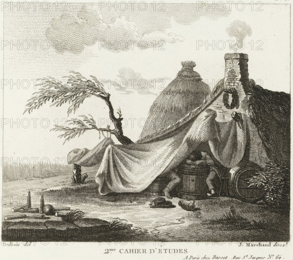 Title page for a series of drawing examples, Drawing examples, second notebook, 2nd cahier d'études, print, album page, Series number, 5, People sitting by a barrel under a canvas canopy by a house. This print is part of an album., after drawing by Dubois, supervision: Jacques Marchand, publisher: Basset, Paris, c. 1800 - c. 1825, Dubois, Jacques Marchand, Basset, printmaker, after drawing by, supervision, publisher, paper, etching, engraving, stippling, crayon manner, height 165 mm x width 194 mm, cottage, wooden container: barrel, cask, bucket, sunblind, sunshade, awning (variant), The image shows a detailed black and white etching of a landscape scene with a large draped cloth or tent stretched over rocks and barrels, a chimneyed structure with smoke curling upward, and a rounded thatched mound behind it; a small bent tree with slender leaves leans over the draped cloth, and two small figures are partially visible beneath the covering near a barrel, one wearing breeches and shoes; a...