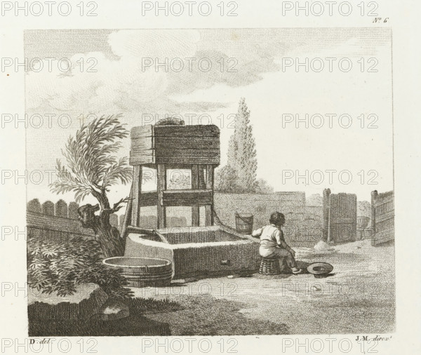Boy with a bucket by a well or drinking trough, 2nd cahier d'études, Drawing examples, second notebook, print, album page, Series number, 6, This print is part of an album., after drawing by Dubois, supervision: Jacques Marchand, publisher: Basset, Paris, c. 1800 - c. 1825, Dubois, Jacques Marchand, Basset, printmaker, after drawing by, supervision, publisher, paper, etching, engraving, stippling, crayon manner, height 165 mm x width 194 mm, boy (child between toddler and youth), well, trough, A monochrome engraving shows a courtyard scene with a wooden elevated structure supported by posts and a roof-like top, positioned behind a rectangular stone trough. A woman is seated on a low stool beside the trough, leaning forward with one arm resting on its rim and a round object on the ground nearby. In front of the trough there is a large round tub and a smaller bucket placed near the woman. A windswept tree with curved branches stands to the left, its foliage detailed with fine lines, and ...
