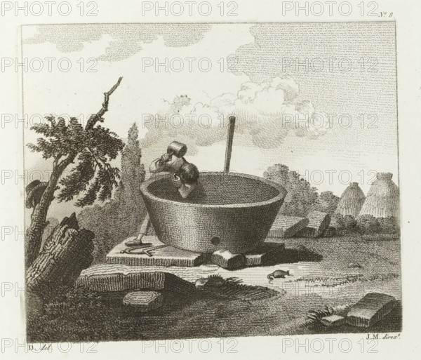 Man with hammer and chisel working on a water tank, Drawing examples, second notebook, 2nd cahier d'études, print, album page, Series number, 8, This print is part of an album., after drawing by Dubois, supervision: Jacques Marchand, publisher: Basset, Paris, c. 1800 - c. 1825, Dubois, Jacques Marchand, Basset, printmaker, after drawing by, supervision, publisher, paper, etching, engraving, stippling, crayon manner, height 165 mm x width 194 mm, water-supply (, public services), tools, aids, implements, crafts and industries: hammer, crafts and industries: chisel, A stippled print shows a large rounded basin resting on a stone ledge with a cylindrical post behind it and a small figure leaning over the basin rim holding a vessel to its face. To the left a twisted tree with leafy branches rises beside rocky terrain and a tall narrow shrub stands near the basin. In the middleground low rounded hills and stacks with clustered vegetation appear, and a small animal is at the water's edge nea...