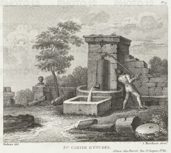 Man at water pump, Drawing examples, third script, 3me. cahier d'études, print, album page, Series number, 9, This print is part of an album., after drawing by Dubois, supervision: Jacques Marchand, publisher: Basset, Paris, c. 1800 - c. 1825, Jacques Marchand, Dubois, Basset, printmaker, after drawing by, supervision, publisher, paper, etching, engraving, stippelwerk, crayon manner, height 170 mm x width 195 mm, utilitarian, public pump or water fountain, pump, A stippled black and white engraving shows a stone fountain with a rectangular basin and curved spout pouring water into it, set against stacked stone blocks and a tall column-like structure with a flat top that has small plants on it; a nude male figure is leaning forward, gripping a long lever attached to the upper stone, and stepping on a lower block; a leafy tree rises to the left of the fountain, with shrubs and rounded stone balustrades nearby, and a stream or body of water flowing in the foreground over rocks and grassy ...