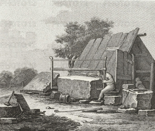 Man sawing a block of stone in half, 3rd cahier d'études, Drawing examples, third notebook, print, album page, Series number, 10, This print is part of an album., after drawing by Dubois, supervision: Jacques Marchand, publisher: Basset, Paris, c. 1800 - c. 1825, Dubois, Jacques Marchand, Basset, printmaker, after drawing by, supervision, publisher, paper, etching, engraving, stippling, crayon manner, height 170 mm x width 195 mm, tools, aids, implements, crafts and industries: saw, stone-cutter, stone-sawyer, A grainy black and white scene shows a man leaning forward beside a large rectangular block under a simple wooden frame, with his hands on the frame and his body angled toward the block; behind him a pitched wooden structure with planks and an open doorway stands, and a tree with dense foliage rises behind the roof. Rocks or masonry pieces and various tools lie scattered on the ground in front, including a barrel and long handled implements, while stacked slabs or blocks form pil...