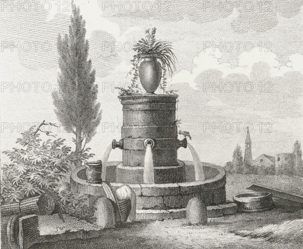 Fountain with laundry baskets, Drawing examples, third script, 3me. cahier d'études, print, album page, Series number, 11, This print is part of an album., after drawing by Dubois, supervision: Jacques Marchand, publisher: Basset, Paris, c. 1800 - c. 1825, Jacques Marchand, Dubois, Basset, printmaker, after drawing by, supervision, publisher, paper, etching, engraving, stippelwerk, crayon manner, height 170 mm x width 195 mm, laundering, ornamental fountain, A detailed black and white stippled illustration of a tiered stone fountain with water pouring from spouts into a circular basin, an ornate vase with cascading foliage atop the fountain, trees and shrubs surrounding the fountain, various buckets and a coil of hose or rope placed on the fountain edge, a tall slender tree to the left, clouds in the sky, distant pointed church steeples and rooftops on the horizon.