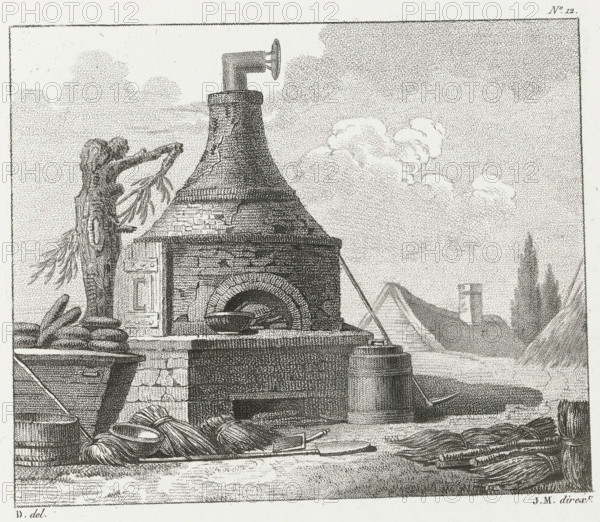 Open air oven, 3me. cahier d'études, Drawing examples, third script, print, album page, Series number, 12, This print is part of an album., after drawing by Dubois, supervision: Jacques Marchand, publisher: Basset, Paris, c. 1800 - c. 1825, Dubois, Jacques Marchand, Basset, printmaker, after drawing by, supervision, publisher, paper, etching, engraving, stippelwerk, crayon manner, height 170 mm x width 195 mm, fire, oven, furnace, interior of industrial structure, kitchen - CC - in the open air, A detailed black and white engraving shows a brick oven structure with a domed top and a short angled chimney capped by a flange, an arched oven opening with a pan inside, and a large cylindrical container beside it connected by a rope or pole; in front of the oven are bundles of material wrapped and tied, a hand tool lying on the ground, a wooden tub with a long handle leaning against it, and stacked flat objects on a surface; to the left a tree trunk with branches and foliage rises beside the...