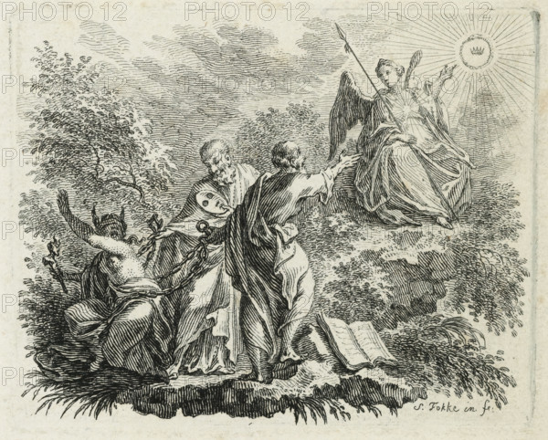 Chained Ignorance, print, Blindfolded Ignorance, with a jester's staff and donkey ears, is held in chains by two men. The man on the left holds a mask in his hand, the one on the right points to an angel on a small hill. The angel, in turn, points to the heavens where a crown adorns the sky within the radiant symbol of eternity, the snake biting its own tail., printmaker: Simon Fokke, Amsterdam, after design by, 1722 - 1784, printmaker, paper, etching, height 64 mm x width 80 mm, serpent Ouroboros, Ignorance, 'Ignoranza', 'Ignoranza di tutte le cose', 'Ignoranza in un ricco senza lettere' (Ripa), A black and white etching shows a robed angelic figure with wings seated on a rocky rise, holding a long staff and gesturing toward a radiant round light in the sky; three robed figures on the ground reach toward the angel, one kneeling and another standing with an outstretched arm, their garments rendered with flowing lines and layered folds; surrounding them are bushes and textured foliage, ...