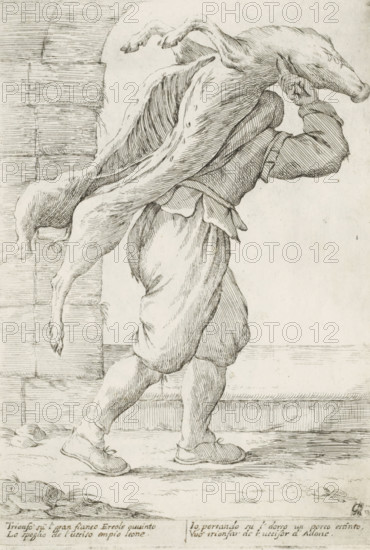 Man with slaughtered pig, Street vendors in Bologna, L'Arti Per Via, print, album page, A man walking to the right with a slaughtered pig on his back. Italian verse in lower margin., printmaker: Giuseppe Maria Mitelli, Bologna, after design by Giuseppe Maria Mitelli, after design by Annibale Carracci, Italy, publisher: Giuseppe Maria Mitelli, 1660, Giuseppe Maria Mitelli, Annibale Carracci, printmaker, publisher, paper, etching, pen, worked with pen in brown, height 280 mm x width 191 mm, Unclear letters in the caption have been worked with pen in brown. On verso a counterprint of another print from the same series by Mitelli., butcher, slaughterman, slaughtered ox or pig, street-trader, 'cris de Paris', cries of London, A pen-and-ink drawing shows a person seen from the side carrying a large animal over their shoulders; the animal’s body drapes along the person’s back with its legs hanging down and its head resting near the person’s hand. The person wears loose, knee-length breeches a...