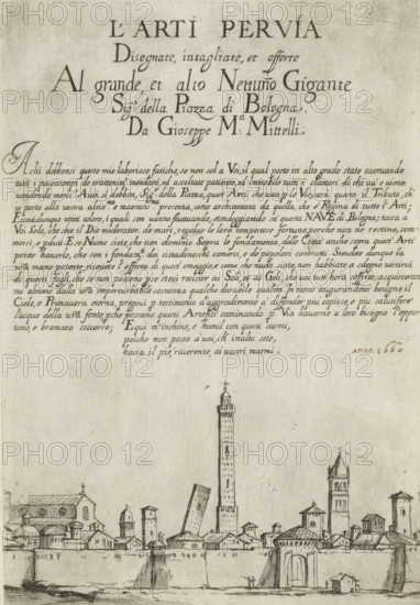 Title page with title, text, and view of Bologna, Street vendors in Bologna, L'Arti Per Via, print, album page, title page, Title with text in Italian below. Below the text, a view of Bologna., date: 'anno. 1660', printmaker: Giuseppe Maria Mitelli, Bologna, after design by Giuseppe Maria Mitelli, after design by Annibale Carracci, Italy, publisher: Giuseppe Maria Mitelli, 1660, Giuseppe Maria Mitelli, Annibale Carracci, printmaker, publisher, paper, etching, intaglio printmaking technique, etching with plate tone, height 290 mm x width 340 mm, The number of states of this print is unclear. In this state, the title has been adjusted., city-view in general, 'veduta', city-view, and landscape with man-made constructions, A faded sheet shows a hand-drawn cityscape and a block of handwritten script at the top, the script occupying the upper portion and executed in flowing, calligraphic strokes. Below the writing, a horizontal view of a walled town is rendered in fine ink lines, featuring v...