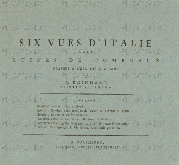 Six views of Italy with tomb walls, Title print for a series of landscapes, Painterly-radiated Prospect of Italy, Italian landscapes with monuments, print, title print, Nuremberg, publisher: Johann Friedrich Frauenholz, 1792, printmaker, Bavaria, paper, letterpress printing, height 208 mm x width 224 mm, Belonging to a series of 72 'Painterly-radiated Prospect of Italy', for which the artist made 24 prints. Albert Christoph Dies (1755-1822) and Jacob Wilhelm Mechau (1745-1808) also made 24 plates, commissioned by Jean Fréderic Frauenholz. From 1792 onwards, three sets of two prints per artist appeared at a time. The last set was published in 1798, after which complete sets were published in bound form until 1875 (Nuremberg: JL Lotzbeck). See: Schmid, FC, AC Dies, JW Mechau und JC Reinhart 'Mahlerische radirte Prospecte von Italien', Berlin: sn, 1991., A textured sheet in a muted blue-green tone with darker small speckles across its surface, showing several evenly spaced horizontal rule...