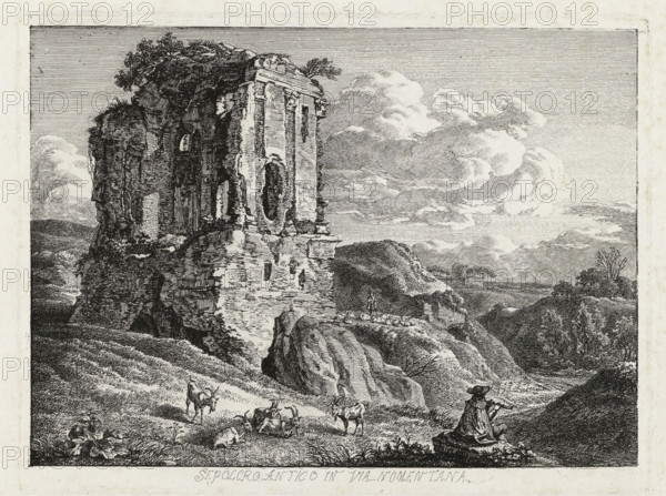 Sepolcro antico in via Nomentana, Antique tomb on the Via Nomentana, Italian landscapes with monuments, Mahlerisch-radirte Prospecte von Italien, print, printmaker: Johann Christian Reinhart, Rome, publisher: Johann Friedrich Frauenholz, Nuremberg, 1792, Bavaria, paper, etching, height 159 mm x width 212 mm, Belonging to a series of 72 'Mahlerisch-radirte Prospecte von Italien', for which the artist made 24 prints. Albert Christoph Dies (1755-1822) and Jacob Wilhelm Mechau (1745-1808) also produced 24 plates, commissioned by Jean Fréderic Frauenholz. From 1792 onwards, three sets of two prints per artist were published at a time. The last set was published in 1798, after which complete bound sets were published until 1875 (Nuremberg: JL Lotzbeck). See: Schmid, FC, AC Dies, JW Mechau und JC Reinhart 'Mahlerische radirte Prospecte von Italien', Berlin: sn, 1991., landscape with ruins, A detailed black and white etching shows a crumbling stone building perched on a rocky slope, its facade...