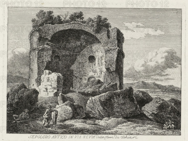 Sepolcro antico in via Nevia della torre de Schiavi, Antique tomb on the Via Nevia, called the Torre de' Schiavi, Italian landscapes with monuments, Mahlerisch-radirte Prospecte von Italien, print, printmaker: Johann Christian Reinhart, Rome, after design by Johann Christian Reinhart, publisher: Johann Friedrich Frauenholz, Nuremberg, 1792, Johann Christian Reinhart, Johann Friedrich Frauenholz, printmaker, publisher, Bavaria, paper, etching, height 159 mm x width 210 mm, Belonging to a series of 72 'Mahlerisch-radirte Prospecte von Italien', for which the artist made 24 prints. Albert Christoph Dies (1755-1822) and Jacob Wilhelm Mechau (1745-1808) also produced 24 plates, commissioned by Jean Fréderic Frauenholz. From 1792 onwards, three sets of two prints per artist were published at a time. The last set was published in 1798, after which complete bound sets were published until 1875 (Nuremberg: JL Lotzbeck). See: Schmid, FC, AC Dies, JW Mechau und JC Reinhart 'Mahlerische radirte Pr...