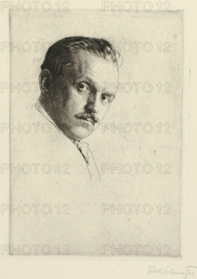 Self-portrait Ferdinand Schmutzer, print, Self-portrait viewed from an angle with a gaze towards the viewer. One of the eleven proofs, signed in pencil, used prior to the prints as a frontispiece in Weixlgärtner's 1922 catalogue., printmaker: Ferdinand Schmutzer (signed by artist), Vienna, 1921, Ferdinand Schmutzer, printmaker, Lower Austria, paper, drypoint, height 197 mm x width 140 mm, Person, portrait, self-portrait of artist, self-portrait of graphic artist, A lightly shaded pencil or etching portrait of a man shown from the shoulders up, turned slightly to one side with his head angled toward the viewer, featuring slicked-back dark hair, a narrow mustache, and expressive eyes; the face is rendered with fine crosshatching and soft shading against a plain, lightly textured background framed by a rectangular border, with the clothing suggested by minimal lines and the lower area of the image mostly empty.