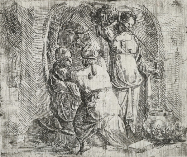 Lot and his daughters, print, Lot, seen from the back, holds a drinking bowl in his right hand. He wraps his left arm around the neck of one of his daughters. On the right, the other daughter pours drink from a jug into a bowl. On the left in the background, the burning Sodom., Netherlands, printmaker: Jan Philipsz. van Bouckhorst, after design by anonymous, 1600 - 1650, paper, etching, height 90 mm x width 109 mm, Incorrectly identified as Jan Bouckhorst in the auction catalog. The catalog refers to Hollstein, vol. 3, p. 167, no. 3. However, this is a different print. For that print, see: Lot and his daughters by Jan Philipsz. van Bouckhorst from the collection of the British Museum (TIB vol. 53, p. 14, no. 1)., Lot and his daughters (Genesis 19:30-38), A monochrome etched scene shows three robed figures inside an arched interior rendered with dense crosshatching; one figure is seated on a stool wearing a turbanlike head covering and turned slightly toward a standing figure who holds ...