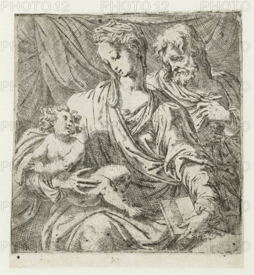 The Holy Family, print, Mary sits with the Christ Child on her lap. Behind them, Joseph stands in front of a drapery., Italy, printmaker: circle of Orazio de Santis, c. 1550 - c. 1575, paper, etching, intaglio printmaking technique, etching with plate tone, height 149 mm x width 135 mm, Light demarcation of another print on verso., Holy Family, and derived representations, A monochrome etched image showing three figures arranged closely together beneath draped fabric in the background; a seated adult with a head tilted down and curly hair framed by a cloth covering, wearing flowing robes, holds an infant with curly hair who rests against the adult's arm and looks upward, while another bearded adult with wavy hair and a robe leans in from the side with one hand near the seated figure's shoulder and the other hand holding an open book.