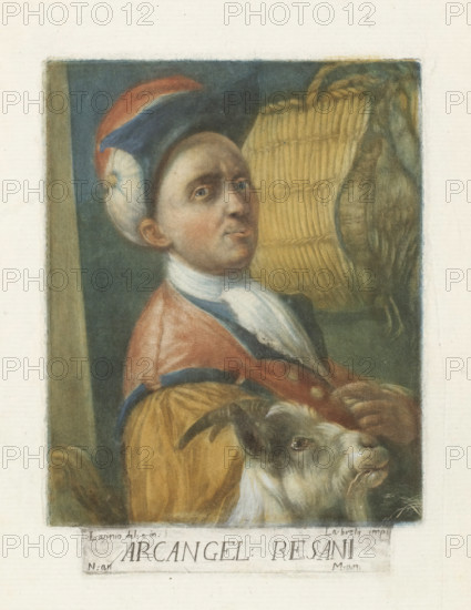Portrait of painter Arcangelo Resani, Artist self-portraits in the Galleria degli Uffizi in Florence, Gli autoritratti della Real Galleria di Firenze, print, The sitter is depicted wearing brightly colored clothing and a hat and in the company of a goat. In the upper right is a basket with dead birds., printmaker: Carlo Lasinio, Italy, after painting by Arcangelo Resani, 1789, paper, color mezzotint, color mezzotint printed from three plates, height 175 mm x width 128 mm, After a painted self-portrait by Resani in the Galleria degli Uffizi in Florence. Print from: Carlo Lasiano, 1789., Person, historical persons, portrait, self-portrait of artist, A painted portrait of a person wearing a colorful hat with rounded shapes and a white cloth at the side, showing a pale face with light eyes and a neutral expression, dressed in layered garments including a white neck cloth and a reddish outer garment over a yellow sleeve with blue trim, the person holding or positioned beside a light-colored...