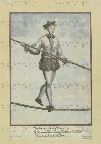 Tightrope walker, The famous Dutch Woman, costume print, photomechanical print, Europe, clichémaker: anonymous, after print by anonymous, England, after drawing by Marcellus Laroon (II), London, 1905 - 2009, photographer, after print by, paper, offset-printed, four-color offset printing, height 308 mm x width 208 mm, ropery, rope-walk, shoes, sandals (women's clothes), clothes for special purposes, the show, fair and circus performers, A full-length illustration of a person balancing on a rope while holding a long pole, wearing a ruffled blouse with puffed sleeves and a bow at the neck, short striped breeches trimmed with fringe, fitted stockings, and flat shoes with bows; the person has short, curled hair topped with a ribbon and wears a single dangling earring, and the scene is framed by a thin rectangular border with a pale, mottled background.