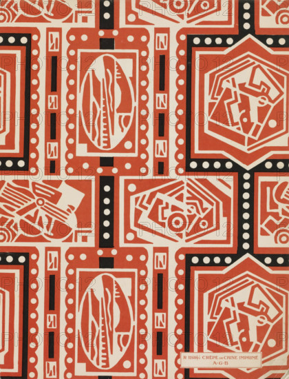 Art - Goût - Beauté, Feuillets de l' élégance féminine, Janvier 1924, No. 41, 4th Année, p. 1, magazine, Flyleaf: cubist shapes in frames: red and black on white ground. Bottom right in frame: R 12484, 2 Crêpe de Chine Imprimé AGB, publisher: Charles Goy, 1924, Charles Goy, publisher, paper, photography technique, photomechanical printing, height 315 mm x width 240 mm, Period, A repeating geometric pattern in terracotta and black on an off-white background, featuring rectangular frames with scalloped inner borders, circular dots, vertical black bars with small off-white rectangles, and panels containing abstract organic shapes and angular motifs; some panels show an oval with flowing, wavy interior lines while others contain hexagonal or octagonal frames with angular, mechanical-looking forms; the design is arranged in a grid with alternating vertical and horizontal elements and a small rectangular label partially visible near the bottom edge.