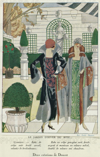 Art - Goût - Beauté, Feuillets de l' élégance féminine, Janvier 1924, No. 41, 4th Année, p. 6: Le Jardin d'Hiver du Ritz, fashion print, The winter garden at the Ritz in 1924. Gowns and coats by Doucet. Part of a page from the fashion magazine Art-Goût-Beauté (1920-1933)., fashion designer: Jacques Doucet, publisher: Charles Goy, 1924, printmaker, paper, lithography, photography technique, color printing, photomechanical color printing and lithography, height 315 mm x width 240 mm, dress, gown (women's clothes), garden, fashion plates, coat (women's clothes), head-gear: cloche hat (women's clothes), border, ribbon, braid (fur used for clothes), costume, Period, Two women stand in an elegant garden terrace in front of a classical statue and trellised wall; one woman faces slightly away wearing a dark full-length coat with a large collar and fur-trimmed sleeves, a patterned dress visible beneath, a cloche hat, gloves, and high-heeled shoes, while the other faces forward in a long pattern...