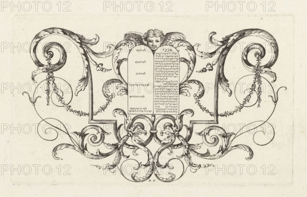 Tables of the Law, print, ornamental print, Vignette with the Tablets of the Law in the center, an angel above, surrounded by ornament., printmaker: Bernard Picart, Amsterdam, 1683 - 1733, paper, etching, height 108 mm x width 180 mm, Print originally intended for: Figures de la Bible. Amsterdam, 1720. Print also used in: Scenes of the most important histories of the Old and New Testament ... drawn by the renowned artists Hoet, Houbraken, and Picart ... and expanded with descriptions. The Hague: Pieter de Hondt, 1728. Print may possibly also have been used in other Bibles., foliage, tendrils, branches, ornament, the ten commandments represented together on stone tablets, An ornate symmetrical ink drawing on a pale background featuring a central pair of rounded tablets framed by decorative acanthus leaves and scrollwork, topped by a cherubic face with curled hair and small wings, with elaborate curling tendrils and floral motifs extending outward into mirrored spirals that end in beaded...