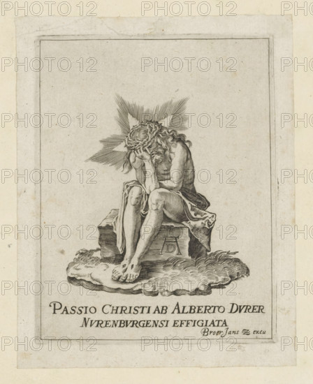 Christ on the cold stone, The Little Passion, Passio Christi Ab Alberto Durer Nurenburgensi Effigiata, print, album page, title page, Christ sits with his head in his hands on the cold stone. On his head the crown of thorns. The stigmata are visible on his feet and hand. Print is part of an album., printmaker, after print by, publisher, The Hague, paper, engraving, engraving pasted on album page, height 131 mm x width 101 mm, height 224 mm x width 160 mm, Christ in distress, sitting on the cold stone (alone), Christ suffering (with crown of thorns, head usually turned sidewards), A monochrome engraving shows a seated, sorrowful male figure with long wavy hair and a crown of thorns, head bowed with hands covering the face, seated on a rectangular stone block draped with cloth and set upon a textured ground that resembles a cloud or cushion; radiating lines form a starburst behind the figure's head, the body is partially covered with a cloth around the waist, and the feet rest on the tex...