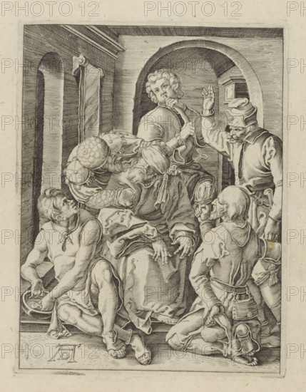 Mocking of Christ, Passio Christi Ab Alberto Durer Nurenburgensi Effigiata, The Little Passion, print, album page, The blindfolded Christ is mocked and beaten by five men. Print is part of an album., printmaker, after print by, publisher, The Hague, paper, engraving, engraving pasted onto album page, height 129 mm x width 98 mm, mockings of Christ, who may be blindfolded, A detailed black and white engraving shows a group of figures arranged under an arched interior with architectural columns and a recessed niche, the central figure seated with curly hair and a flowing robe, holding a finger to the mouth of a second figure who leans forward wearing ornate armor and a plumed helmet, another robed figure to the right raises an open hand while wearing a hat, and two partially nude men kneel in the foreground with visible muscles and drapery, one holding a shallow dish and the other turned away with a pouch at the waist; the scene includes intricate linework for clothing folds, armor detai...