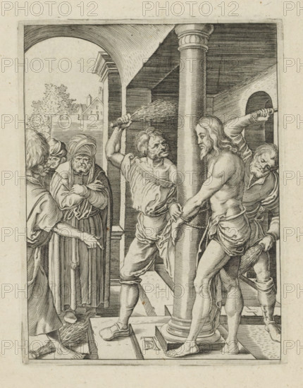 Scourging of Christ, The Little Passion, Passio Christi Ab Alberto Durer Nurenburgensi Effigiata, print, album page, Christ, bound to a column, is flogged by men with bunches of branches. Print is part of an album., printmaker, after print by, publisher, The Hague, paper, engraving, engraving pasted on album page, height 130 mm x width 99 mm, flagellation by soldiers, Christ usually tied to a column (Matthew 27:26, Mark 15:15, John 19:1), A black and white engraved scene shows a group of people under an architectural setting with columns and an archway; a central bearded, semi-nude man stands facing left with his hands bound at the waist and a cloth wrapped around his hips, and another muscular man behind him grips a rope or cord; to the left a man with raised arm holds a bundle resembling a whip above his head as if about to strike, and nearby a figure wearing a heavy cloak and head covering looks on with folded arms and a stern expression; additional onlookers appear clustered at the...