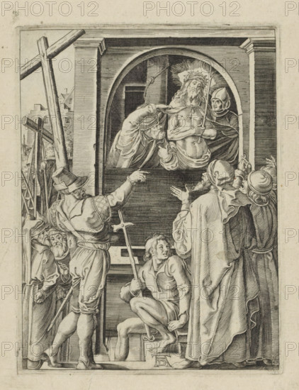 Christ shown to the people (Ecce homo), Passio Christi Ab Alberto Durer Nurenburgensi Effigiata, The Little Passion, print, album page, Christ is shown to a cheering crowd of people, standing in an open window. Print is part of an album., printmaker, after print by, publisher, The Hague, paper, engraving, engraving pasted onto album page, height 130 mm x width 99 mm, Pilate showing Christ to the people, 'Ostentatio Christi', 'Ecce Homo' (John 19:4-6), A detailed black and white engraving shows a raised platform framed by an arched opening where a seated bearded man wearing a crown of thorns is held by two figures; one leans forward with a hand on the crowned man's head and the other stands behind him holding a long staff. Below the platform a group of men in period clothing and helmets are gathered, some gesturing upward and one kneeling while holding a pole. On the left a man with a broad-brimmed hat stands with his back turned, a tall wooden cross and other poles lean against the wal...
