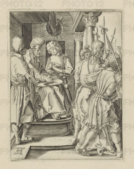Pilate washes his hands in innocence, Passio Christi Ab Alberto Durer Nurenburgensi Effigiata, The Little Passion, print, album page, Pilate washes his hands in a dish that servants fill with water for him. Christ is led away. Print is part of an album., printmaker, after print by, publisher, The Hague, paper, engraving, engraving pasted onto album page, height 130 mm x width 99 mm, Pilate washing his hands (in innocence), A detailed black and white engraving shows a group of people gathered around a seated figure on a raised platform; the seated figure wears flowing robes and a soft cap and leans slightly forward while another person to the left, wearing a wrapped head covering and layered garments, reaches toward a shallow dish held by a standing young man with curly hair and a simple cap who pours from a cylindrical vessel. To the right, several figures in layered clothing and cloaks stand with their backs partially turned, one wearing a helmet and holding long spears and shields, a...
