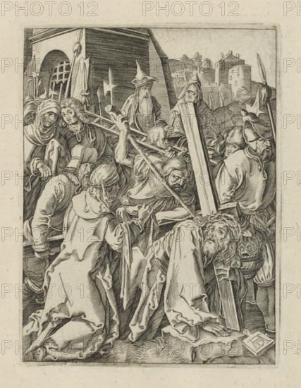 Carrying of the Cross, The Little Passion, Passio Christi Ab Alberto Durer Nurenburgensi Effigiata, print, album page, Christ carries his cross, followed by a crowd of people. Veronica stands next to him with the sweat cloth. Print is part of an album., printmaker, after print by, publisher, The Hague, paper, engraving, engraving pasted onto album page, height 130 mm x width 99 mm, Christ meets Veronica, who has a cloth to wipe Christ's face, A tightly composed black and white line engraving shows a crowded scene of robed and hooded figures clustered around a central man who is bent forward and holding a large wooden beam. Faces show varied expressions and hairstyles, including a long-bearded man looking upward, a bearded soldier wearing a pointed helmet, and several men with turbans or wrapped head coverings. Poles, spears, and halberds rise behind the group, and a figure with a tall pointed hat stands near the middle. Draped garments create deep folds and flowing lines across the com...