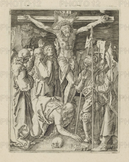 Crucifixion, Passio Christi Ab Alberto Durer Nurenburgensi Effigiata, The Little Passion, print, album page, Christ on the cross, the Marys on his right, some soldiers on his left. Print is part of an album., printmaker, after print by, publisher, The Hague, paper, engraving, engraving pasted onto album page, height 131 mm x width 101 mm, crucified Christ, with particular persons under the cross, A monochrome engraved scene shows a central male figure suspended on a horizontal beam with arms outstretched and a cloth wrapped around the waist; a crown of thorns rests on the head and lines radiate behind it. Surrounding the central figure are several standing figures in layered robes and head coverings, some with hands raised and others with heads bowed or faces turned toward the suspended figure. To the right, armored figures hold long spears and wear helmets and coiled headgear, one raising a hand. In the foreground a bent figure reaches toward the ground and another kneels with long ha...