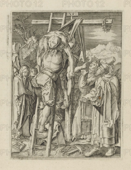 Descent from the Cross, The Little Passion, Passio Christi Ab Alberto Durer Nurenburgensi Effigiata, print, album page, The body of Christ is taken down from the cross. Print is part of an album., printmaker, after print by, publisher, The Hague, paper, engraving, engraving pasted onto album page, height 132 mm x width 100 mm, descent from the cross: Christ is taken down from the cross, usually by Nicodemus and Joseph of Arimathea who are standing on the ladders (both arms of Christ detached), A detailed engraving shows a central male figure with long hair and a partially draped torso being lowered from a horizontal wooden beam while a ladder rests against it; a strip of cloth hangs from the beam and a circlet of thorns is placed on the far end. Several robed figures stand around the central figure, some looking up with visible facial expressions and one holding the cloth while another supports the body. In the background there is a landscape with rocky formations and a bare, twisted t...