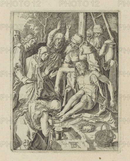Lamentation, Passio Christi Ab Alberto Durer Nurenburgensi Effigiata, The Little Passion, print, album page, The dead Christ is mourned by his mother, Mary Magdalene and John the Evangelist. Print is part of an album., printmaker, after print by, publisher, The Hague, paper, engraving, engraving pasted onto album page, height 131 mm x width 101 mm, Christ's body supported, A rectangular engraving shows a group of robed figures gathered around a seated, partially nude male figure whose head tilts back and whose limbs are limp; one person kneels near his feet with long flowing hair and another figure leans over him holding his legs. Several standing figures around them wear hoods or head coverings, some with beards and one with a fur hat, and one figure raises both hands with palms up. Drapery and folds of cloth fill much of the composition, with a crown of thorns lying on a clothed surface near a coiled rope and a small cylindrical container nearby. In the background there are trees and...