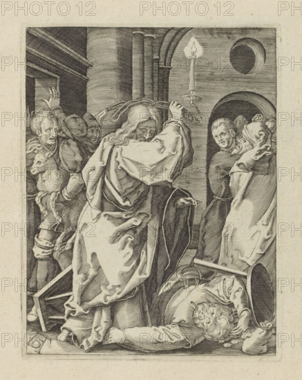 Expulsion of the money changers from the temple, The Little Passion, Passio Christi Ab Alberto Durer Nurenburgensi Effigiata, print, album page, Christ expels the money changers from the temple with a whip. Print is part of an album., printmaker, after print by, publisher, The Hague, paper, engraving, engraving pasted on album page, height 129 mm x width 99 mm, purification of the temple ('first' and 'second'): Christ driving the money-changers from the temple with a whip (Matthew 21:12-13, Mark 11:15-17, Luke 19:45-46, John 12:12-19), A detailed black and white engraving shows a central robed figure seen from the back with long wavy hair, raising a braided whip above the head while standing over a fallen man with curly hair lying on the ground among overturned chairs and scattered coins and a small pouch; to the left a group of onlookers press forward, one holding a small sheep and others peering anxiously from a doorway, and to the right two men in arched niches react with surprised ...