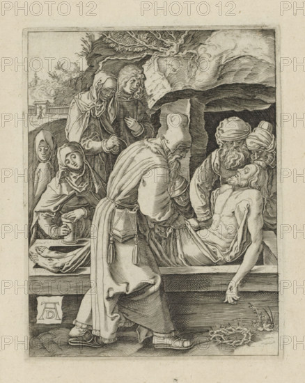 Entombment, The Little Passion, Passio Christi Ab Alberto Durer Nurenburgensi Effigiata, print, album page, The body of Christ is laid in a tomb. Print is part of an album., printmaker, after print by, publisher, The Hague, paper, engraving, engraving pasted on album page, height 130 mm x width 100 mm, Christ's entombment (possibly by angels), A monochrome etched scene shows a group of robed figures gathered around a reclining male figure whose head leans back and whose upper body is exposed; one standing figure with a long robe and a pointed head covering bends forward while holding the reclining figure, a pair of older bearded men with wrapped head coverings stand nearby looking toward the reclining figure, and several women in veils and hoods cluster to the left with bowed heads and clasped hands; in the background a rocky cave opening and a bare-branched tree are visible beneath a sky with swirling clouds, while in the lower foreground a crown of thorns lies on the ground near a sm...