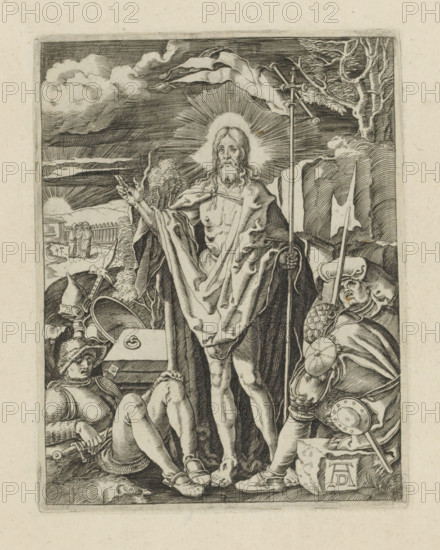 Resurrection of Christ, Passio Christi Ab Alberto Durer Nurenburgensi Effigiata, The Little Passion, print, album page, Christ standing before his grave, a staff with a banner in his hand, surrounded by sleeping soldiers. Print is part of an album., printmaker, after print by, publisher, The Hague, paper, engraving, engraving pasted on album page, height 130 mm x width 101 mm, Christ, usually holding a banner, arises from the grave, often combined with sleeping and, or frightened soldiers, A central robed figure stands barefoot with long hair and a beard, a radiant halo of lines surrounding the head, holding a tall staff topped with a cross-like shape and raising one hand in a gesture; draped cloth covers parts of the torso and falls in folds, and figures in armor and helmets recline and kneel around the central figure, some holding spears and shields, one wearing a plumed helmet and another with a round shield and helmeted head turned upward; a flagged banner and a fallen coffin-like ...