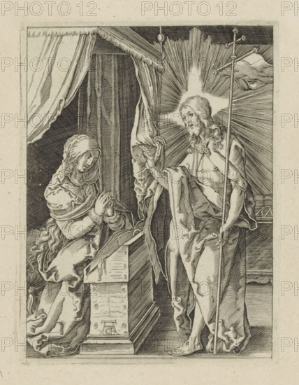 Christ appears to his mother, Passio Christi Ab Alberto Durer Nurenburgensi Effigiata, The Little Passion, print, album page, The risen Christ greets his mother Mary, who is kneeling before a lectern. Print is part of an album., printmaker, after print by, publisher, The Hague, paper, engraving, engraving pasted onto album page, height 130 mm x width 98 mm, Christ, perhaps dressed as a pilgrim, appearing to his mother, who is usually shown praying, A detailed black and white engraving shows a robed bearded man standing with a long staff and a banner, a radiant starburst behind his head, his long hair and beard rendered in flowing lines, and his draped garment falling in deep folds; opposite him a kneeling woman with a covered head and layered robes clasps her hands in front of her, her gaze lowered, and a draped canopy and heavy curtains form the backdrop while carved architectural elements and a raised platform occupy the foreground.