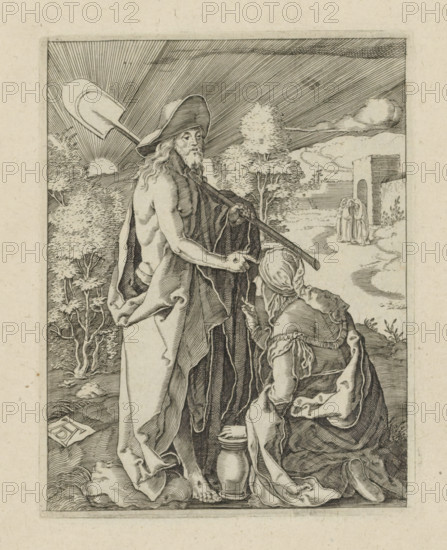 Christ appears to Mary Magdalene (Noli me tangere), Passio Christi Ab Alberto Durer Nurenburgensi Effigiata, The Little Passion, print, album page, Christ appears as a gardener to Mary Magdalene (Noli me tangere). She kneels before him. Print is part of an album., printmaker, after print by, publisher, The Hague, paper, engraving, engraving pasted on album page, height 130 mm x width 100 mm, Mary Magdalene kneeling before Christ, who is usually represented as a gardener with a hoe and, or a spade, 'Noli me tangere', A detailed engraving shows an elderly bearded man standing with a wide-brimmed hat and a long cloak draped around his shoulders, a long staff or pole resting across his back with one hand holding it and the other pointing downward; in front of him a kneeling woman with a headscarf and layered garments reaches toward him while a jug sits beside her feet; behind them a landscape unfolds with stylized trees, rolling paths, a distant building with an arched opening, and a small...