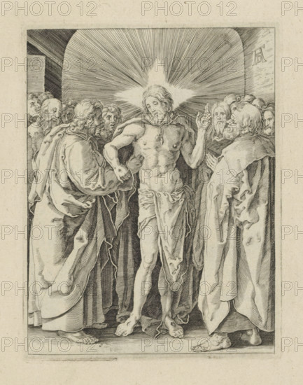 Disbelief of Thomas, The Little Passion, Passio Christi Ab Alberto Durer Nurenburgensi Effigiata, print, album page, The disciple Thomas feels the side wound of Christ, surrounded by the other disciples. Print is part of an album., printmaker, after print by, publisher, The Hague, paper, engraving, engraving pasted on album page, height 132 mm x width 100 mm, Thomas touching or stretching out his hands to touch the wound in Christ's side, sometimes Christ leading Thomas' hand, A grayscale engraving shows a central male figure with long hair and a beard standing with a cloth draped at his waist and a radiant star-shaped light behind his head. He is surrounded by robed men with varied hairstyles and beards, some facing him closely and others turned slightly, hands raised or clasped. Detailed folds and drapery of the robes are visible, along with the figures' bare feet on a flat surface. The background includes arched architectural elements framing the group and fine radiating lines emana...
